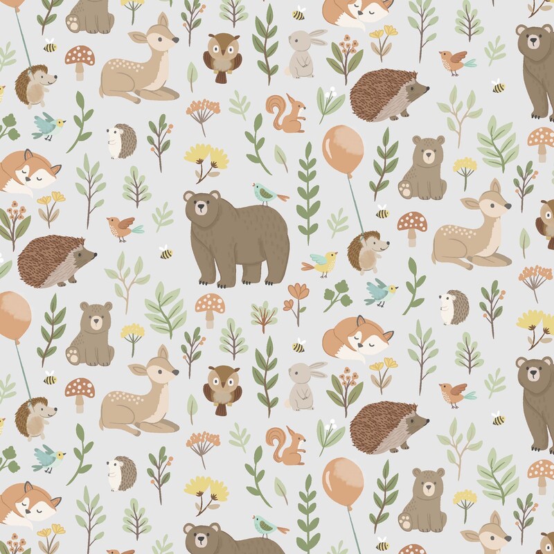 Light gray fabric with a muted, neutral pattern of leafy sprigs, forest creatures including brown bears and deer, mushrooms, and balloons