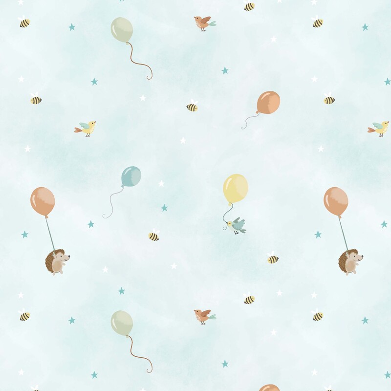 A mottled light blue background with orange, yellow, blue, and gray balloons buzzing bees, birds, and hedgehogs