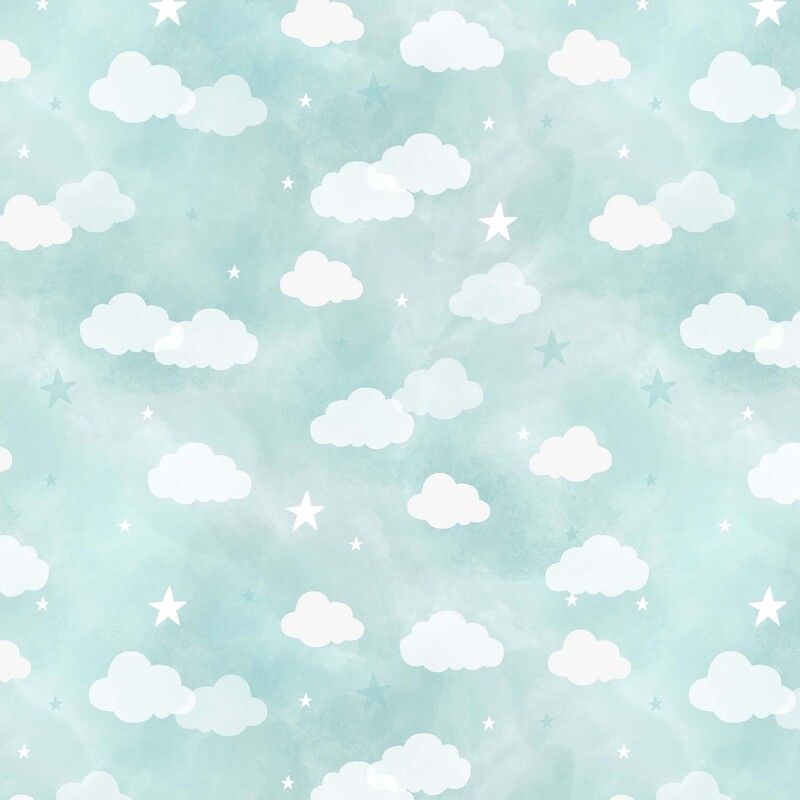 Mottled aqua fabric with a white overlay of puffy cumulus clouds and stars