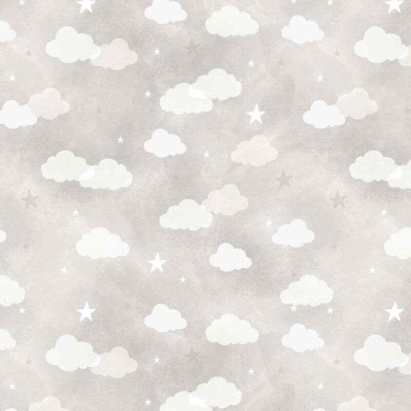 Mottled silver fabric with a white overlay of puffy cumulus clouds and stars