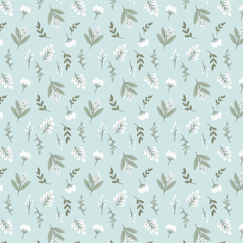 Pastel aqua fabric with tossed white florals and green leafy sprigs