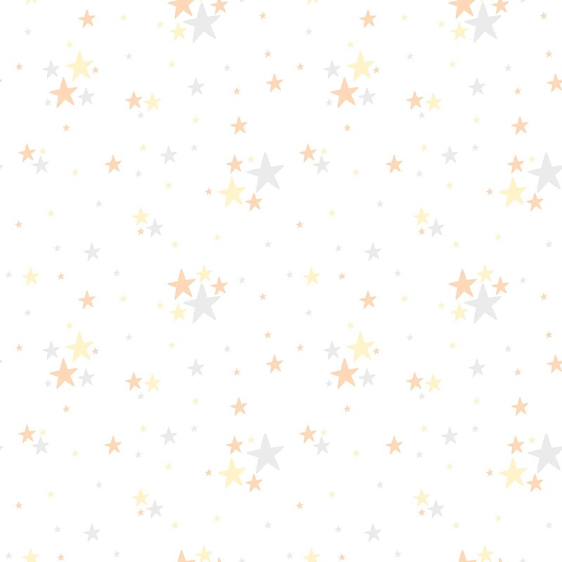 Bright white fabric with scattered pastel yellow, orange, and gray stars