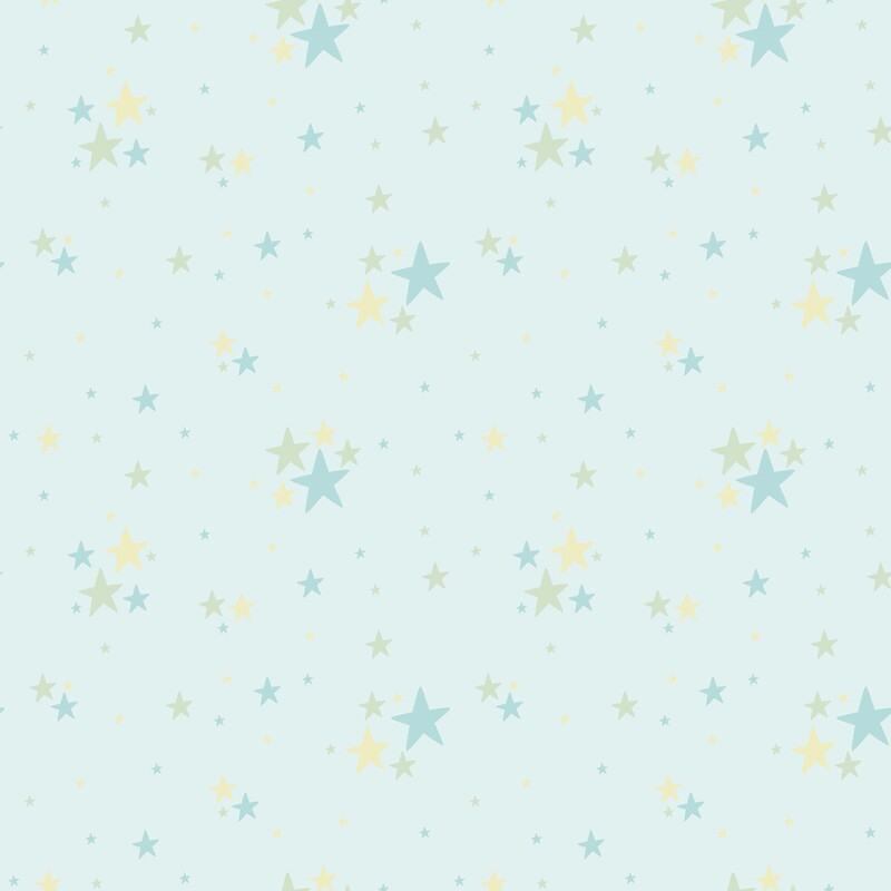 Pastel aqua fabric with scattered pastel yellow, teal, and gray stars