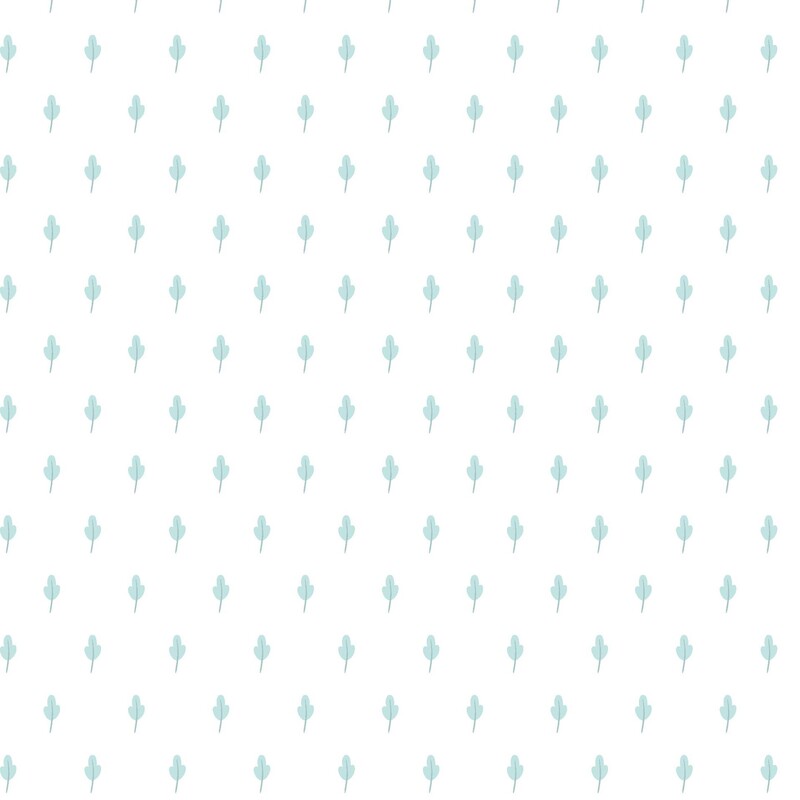 White fabric with an evenly spaced pattern of dainty aqua leaves