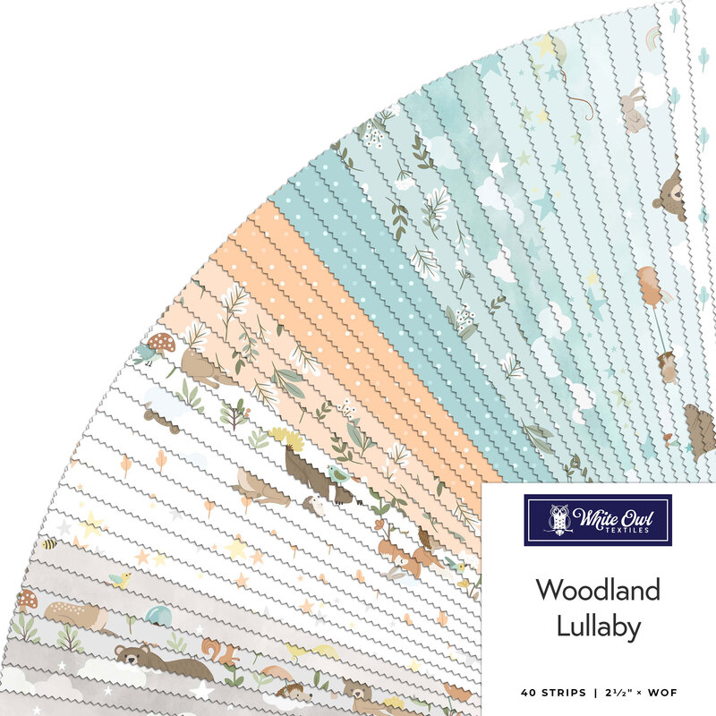 A fanned out collage of fabrics in the collection in soft gray, white, peach, and aqua with woodland creatures, clouds, and star designs.