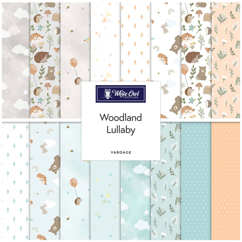 A collage of fabrics in the collection in soft gray, white, peach, and aqua with woodland creatures, clouds, and star designs.