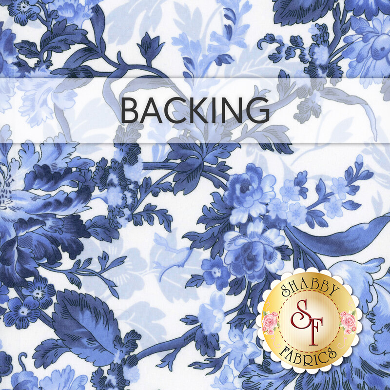 A white fabric with two tones of blue Jacobean florals; a transparent banner at the top reads "Backing", and a golden Shabby Fabrics logo rests in the bottom right corner. 
