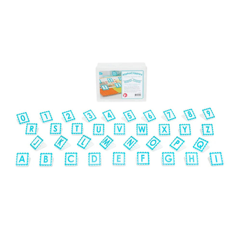 AlphaClippies set arranged in rows beneath the package, isolated on a white background. 