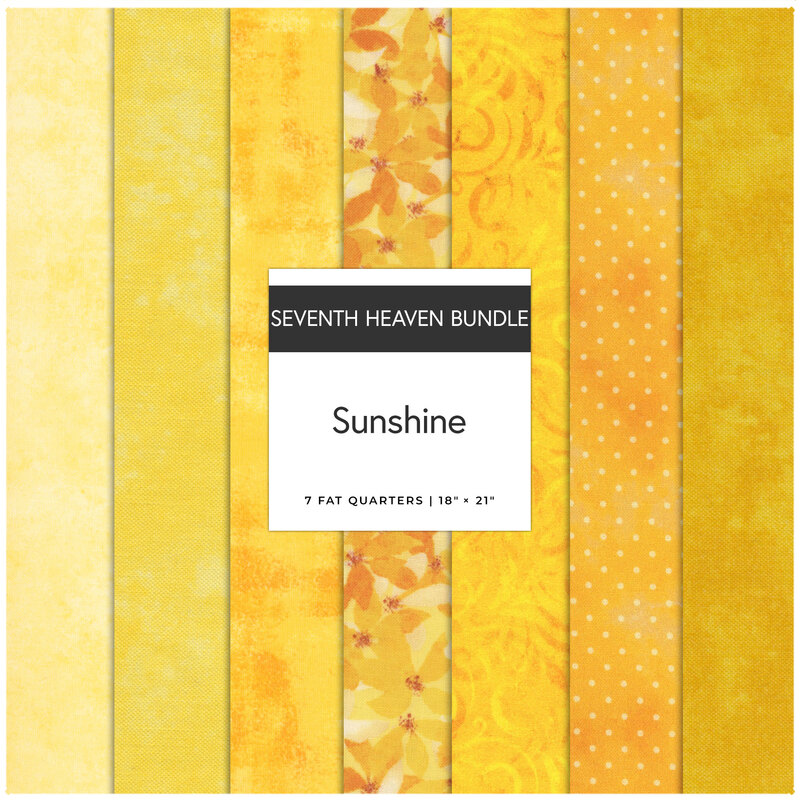 A fabric collage of 7 yellow fat quarters.