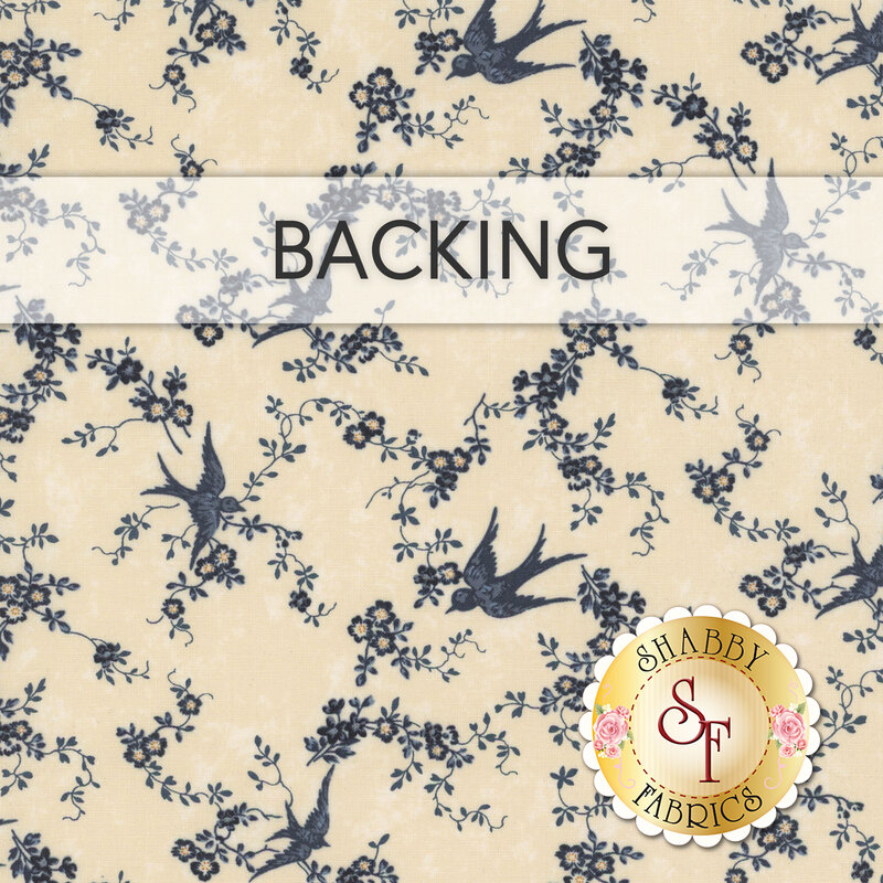 A charming navy blue pattern of birds and flowers on a tan fabric with a translucent banner across the top with the word "Backing" and a gold Shabby Fabrics logo in the bottom right corner.