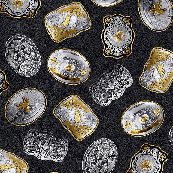 Silver and gold ornate western belt buckles on a textured black background.