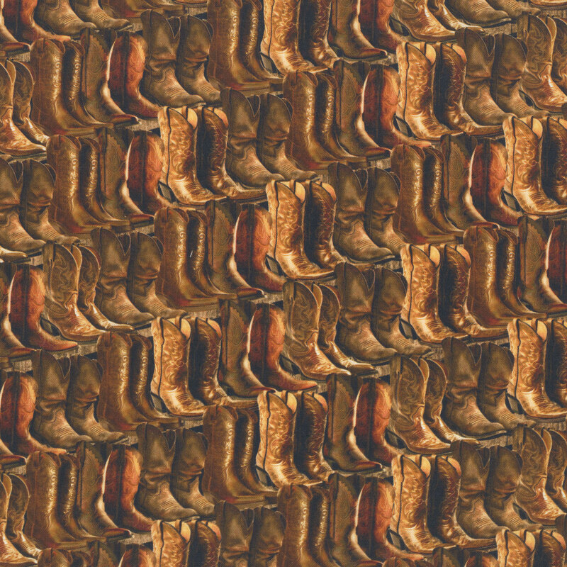 A variety of brown cowboy boots arranged in a repeating pattern.