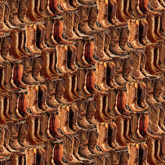 A variety of brown cowboy boots arranged in a repeating pattern.