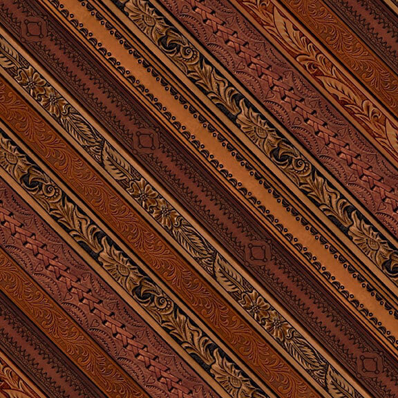 Collage of embellished brown leather straps in a diagonal pattern. 