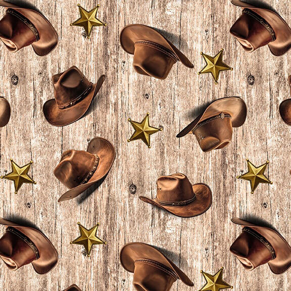 Tossed cowboy hats and golden stars on a light wood background.