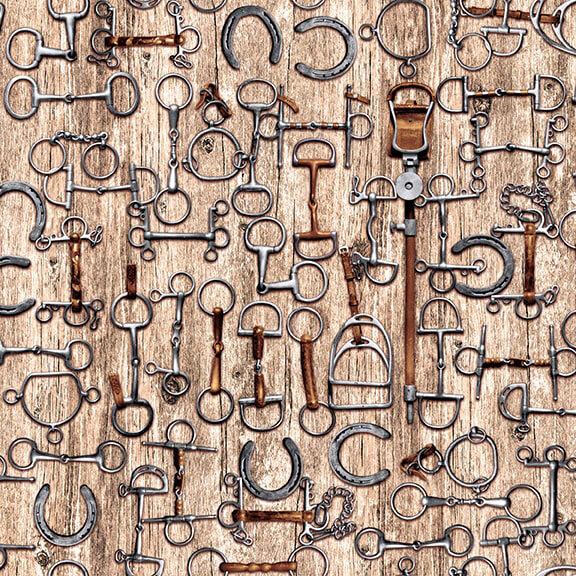 A variety of spurs and horseshoes on a light wood background.