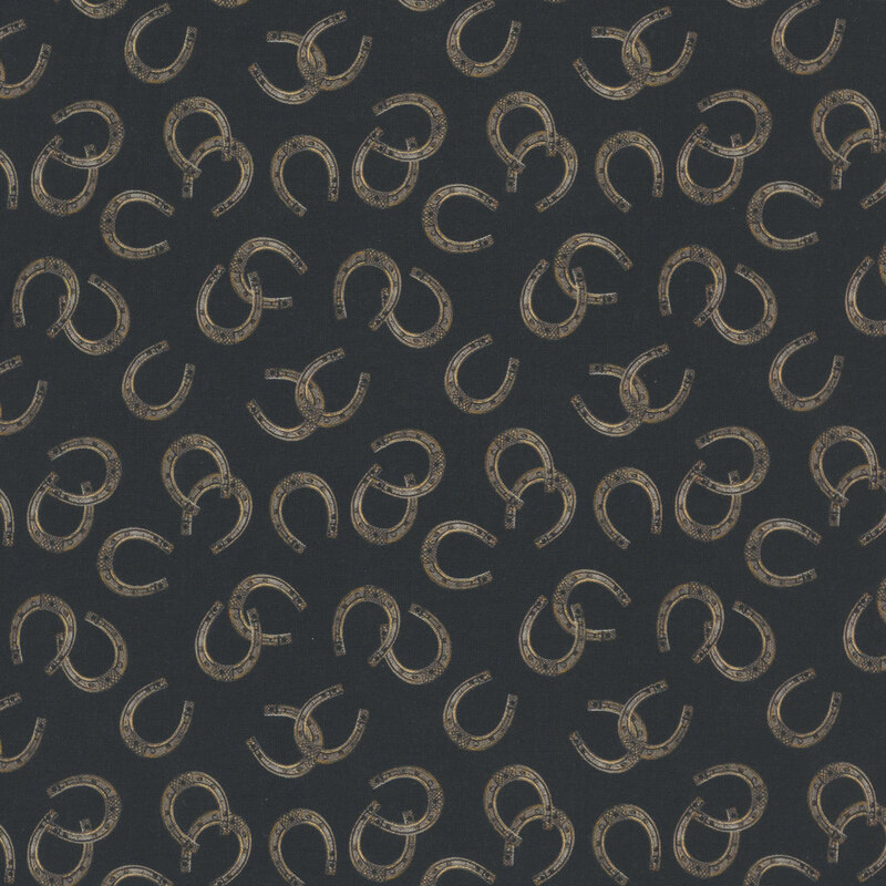 Tossed horseshoes on a textured black background.