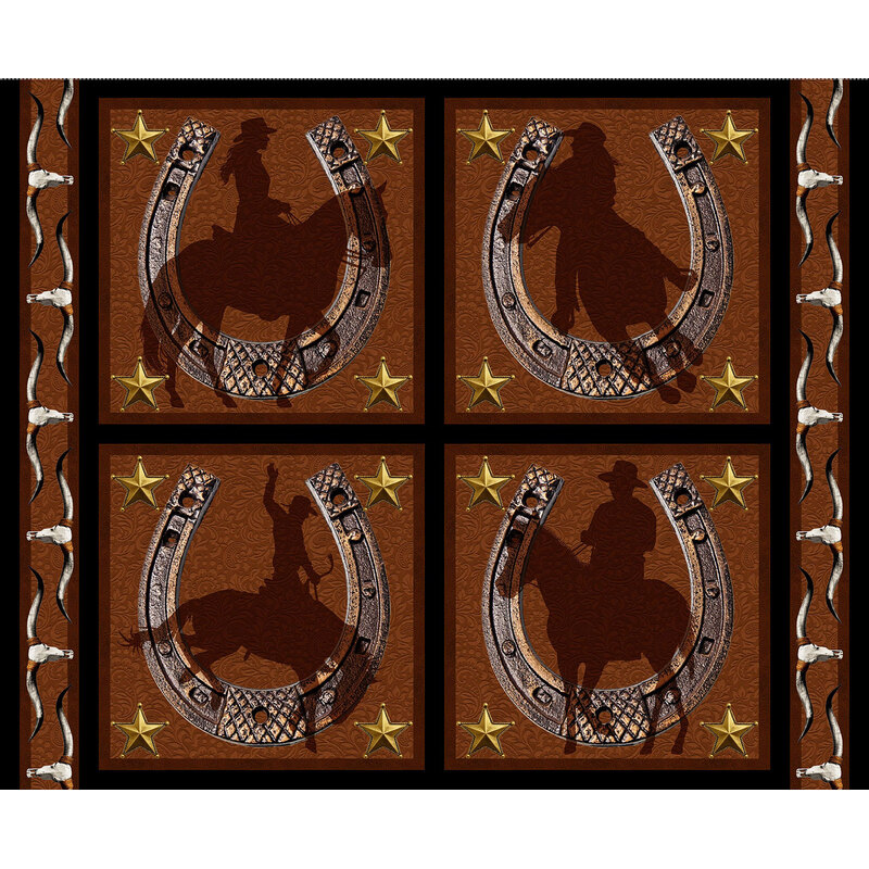 Full panel image showing four blocks featuring horseshoes with cowboy silhouettes and stars, bordered by bull skull motifs.