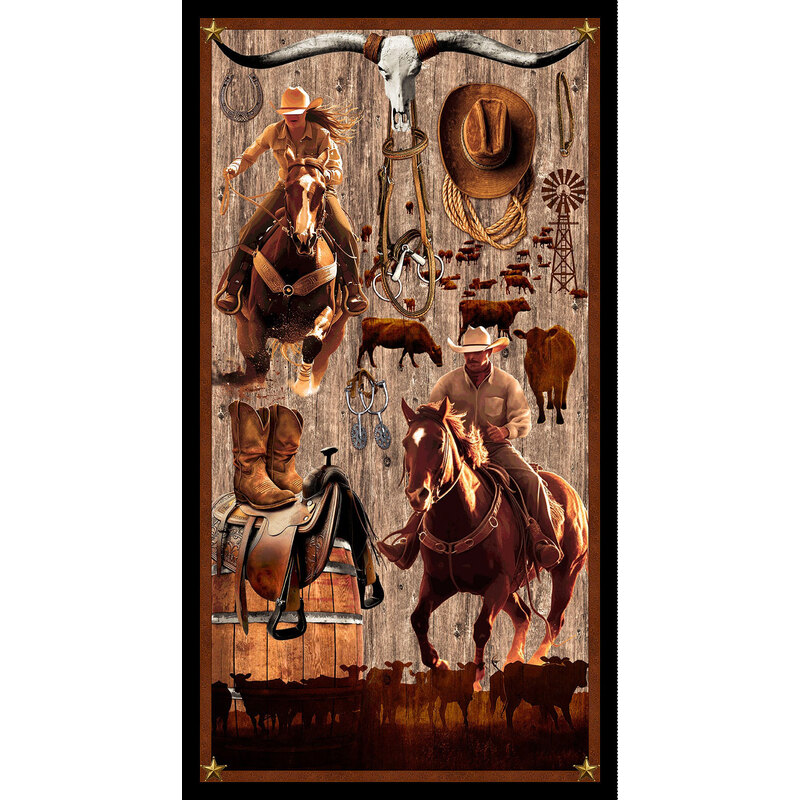 Full panel image featuring western themes like cowboys/cowgirls, boots, saddles, cows, hats, and a bull skull