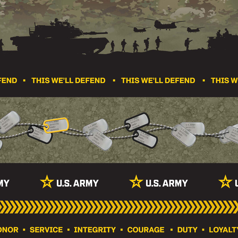 Green fabric with a patriotic U.S. Army-themed stripes with various slogans, dog tags, and silhouetted infantry and military vehicles set against a camouflage background.