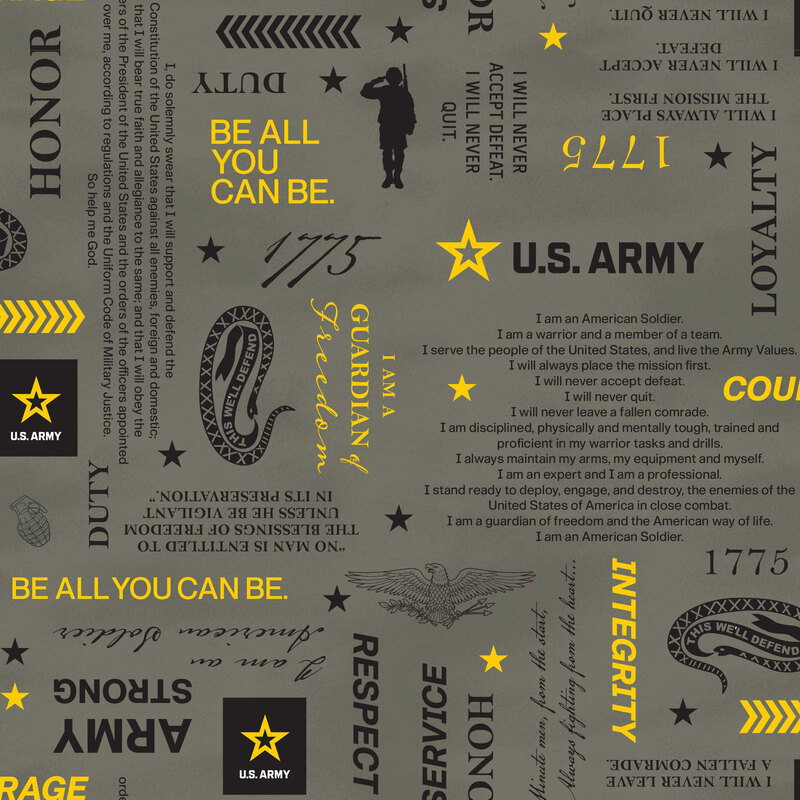 Mottled green fabric with a tossed pattern of Army-themed motifs, including logos, the Oath of Service, slogans, and other military-inspired designs.