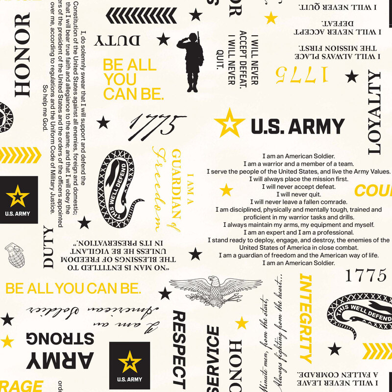 Cream fabric with a tossed pattern of Army-themed motifs, including logos, the Oath of Service, slogans, and other military-inspired designs.