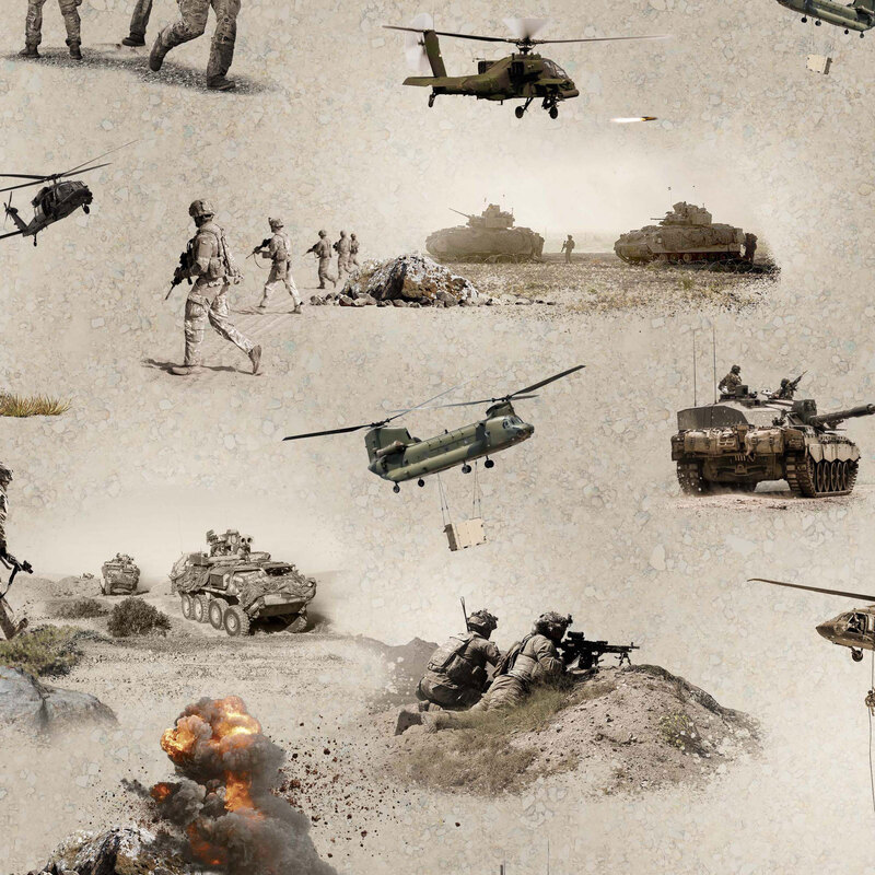 Textured taupe fabric with a tossed pattern of patriotic modern military scenes with vehicles, infantry, and equipment.
