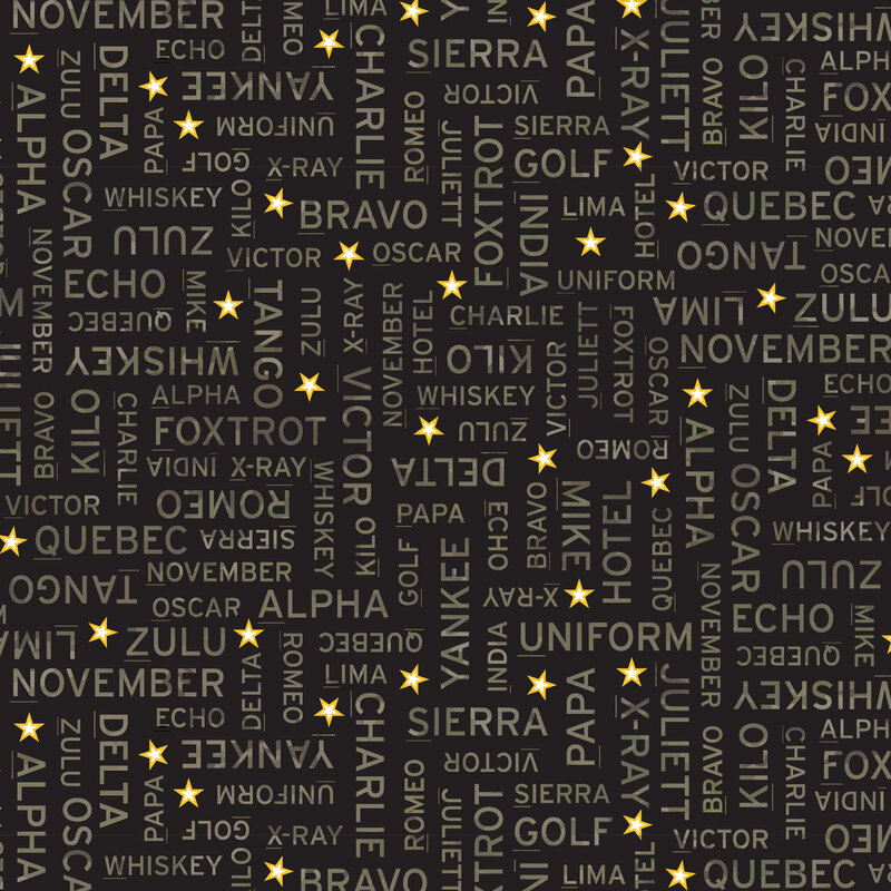 Black fabric with a tossed pattern of the NATO phonetic alphabet accented with gold stars.