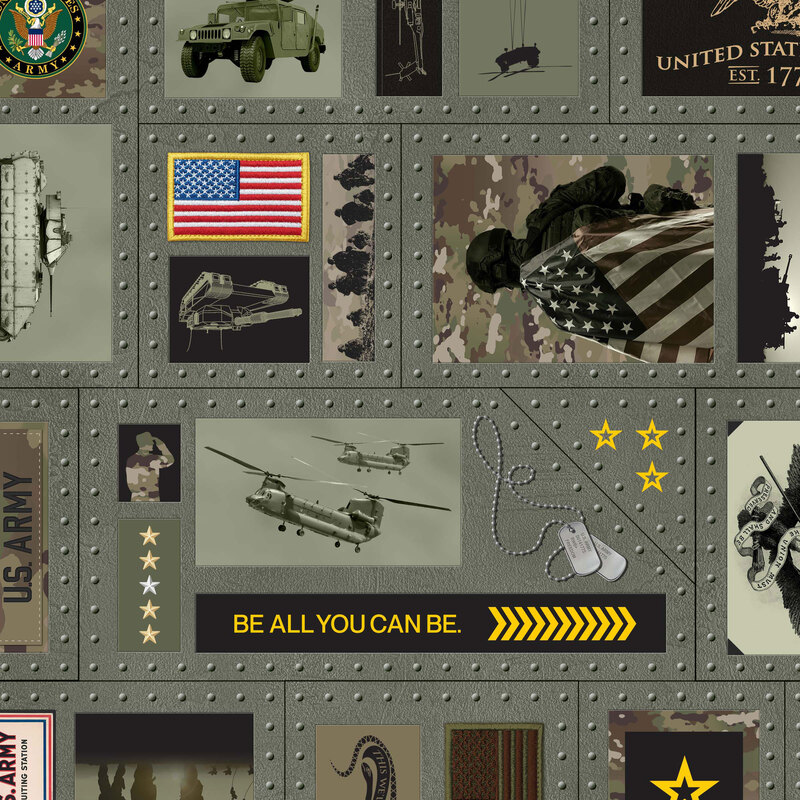 Green fabric with various patriotic military scenes, Army slogans, and military equipment set against a background that emulates riveted steel.