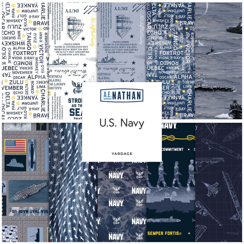 Collage of U.S. Navy-themed designs with ships, flags, slogans, and blue camouflage patterns.