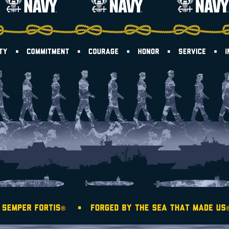Blue fabric with patriotic U.S. Navy-themed stripes with various slogans, ropes, and silhouetted sailors and ships.