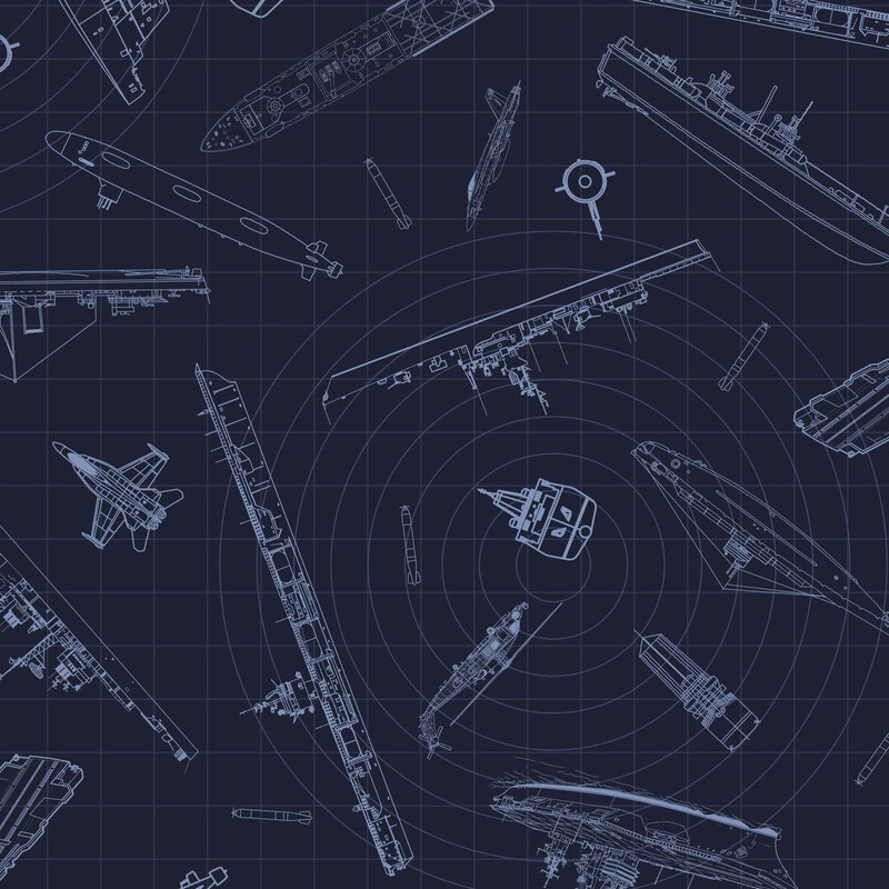 Navy blue fabric with a tossed pattern of naval ships and aircraft rendered in blue linework that emulates a radar screen.
