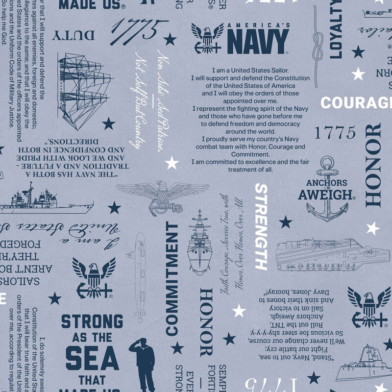 Blue fabric with a tossed pattern of Navy-themed motifs, including logos, the Oath of Service, slogans, and other military-inspired designs.