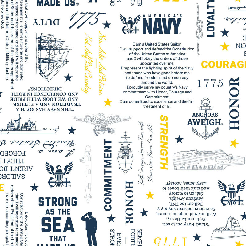 White fabric with a tossed pattern of Navy-themed motifs, including logos, the Oath of Service, slogans, and other military-inspired designs.