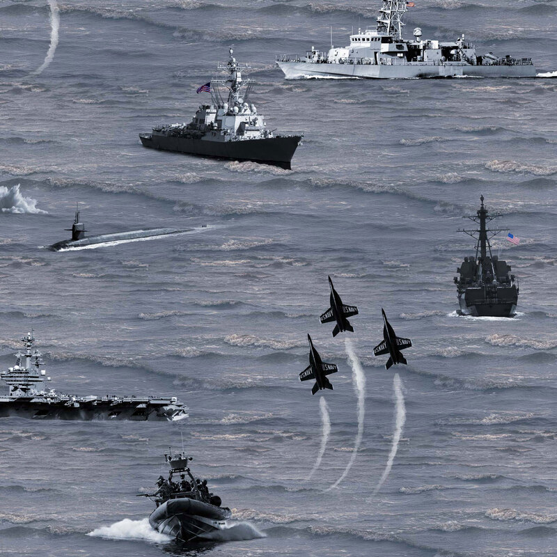 Blue fabric with a tossed pattern of naval ships and fighter aircraft sailing across a backdrop of rolling ocean waves.