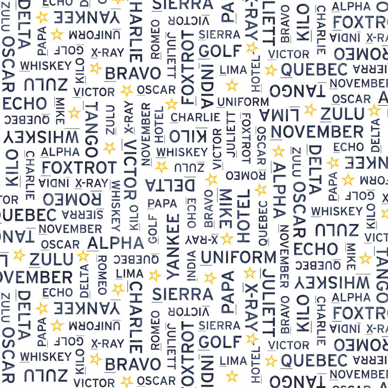 White fabric with a tossed pattern of the NATO phonetic alphabet accented with gold stars.