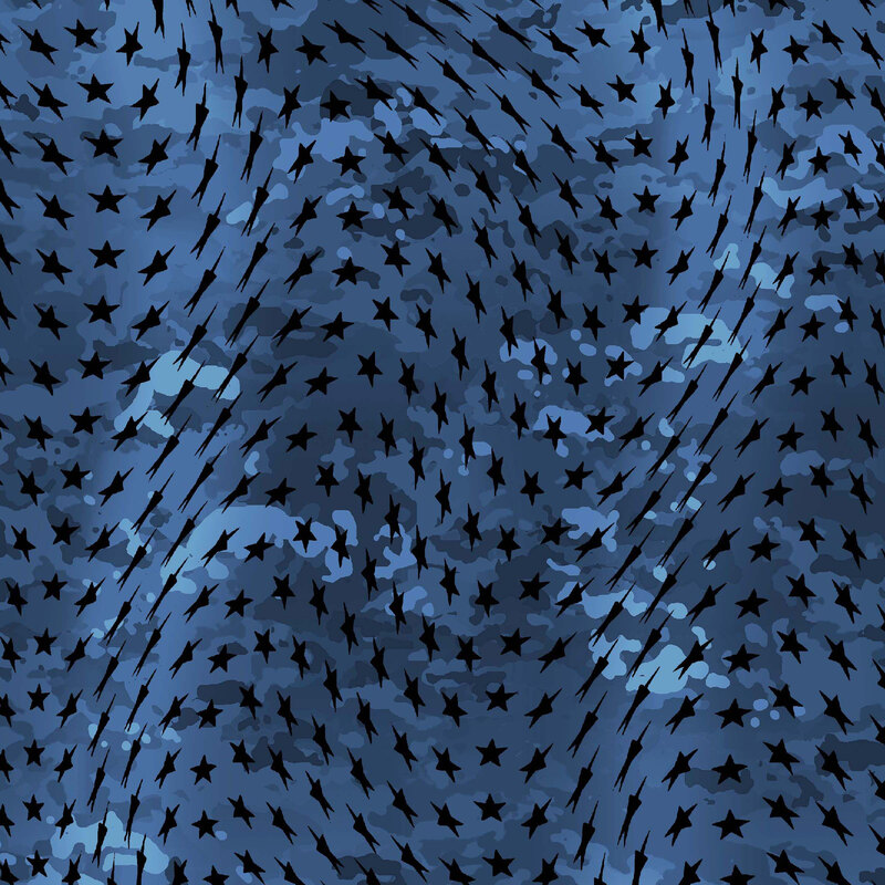 Blue fabric with a waving flag pattern with black stars set against a camouflage background.