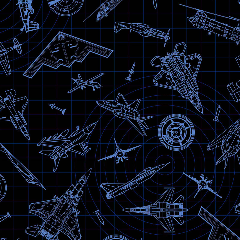 Black fabric with a tossed pattern of aircraft and military equipment rendered in blue linework that emulates a radar screen.