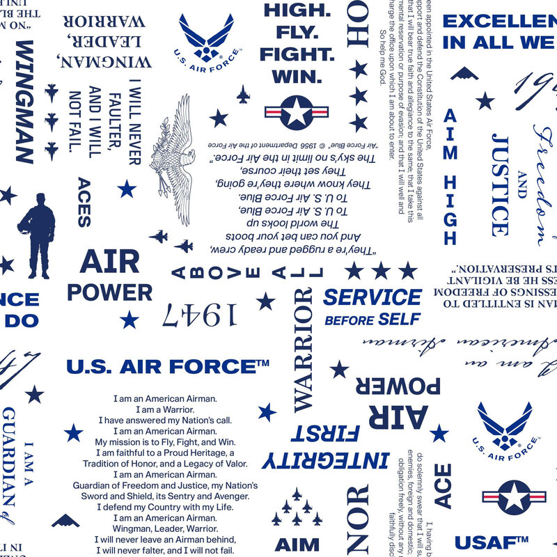 White fabric with a tossed pattern of Air Force-themed motifs, including logos, the Oath of Service, slogans, and other military-inspired designs.