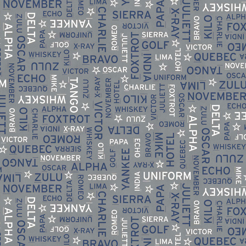 Gray fabric with a tossed pattern of the NATO phonetic alphabet accented with stars.
