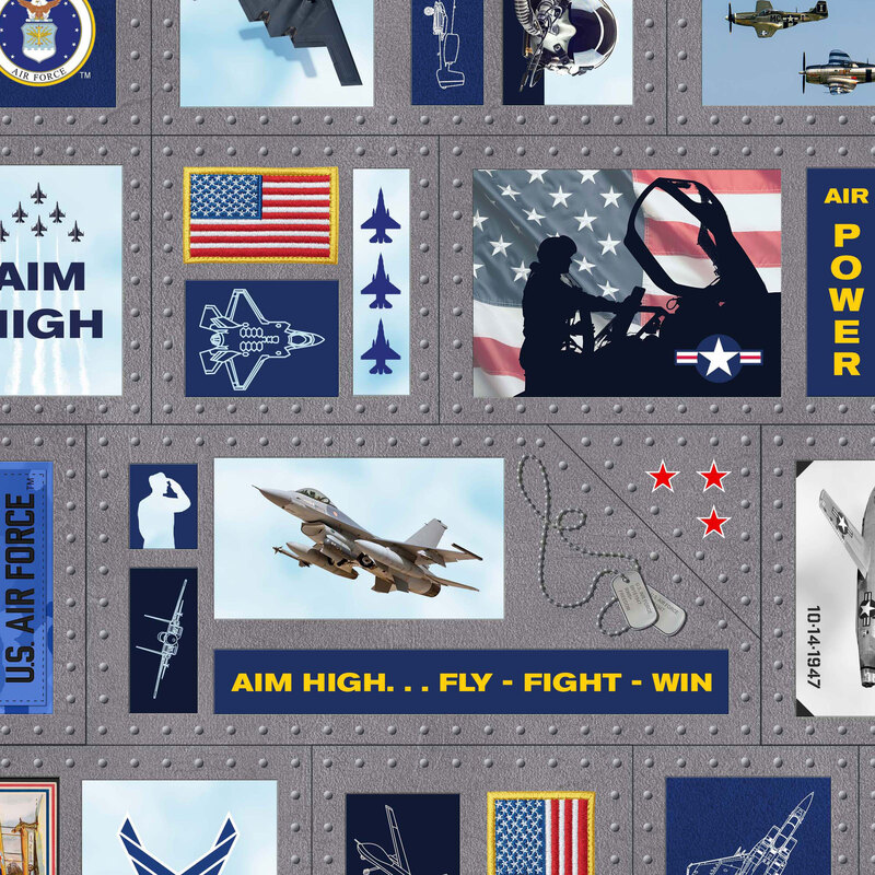 Gray fabric with various patriotic military scenes, Air Force slogans, and aircraft set against a background that emulates riveted steel.
