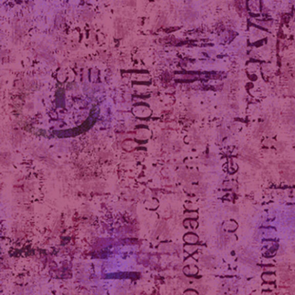 Mottled raspberry and plum fabric with textured typographical arrangements.