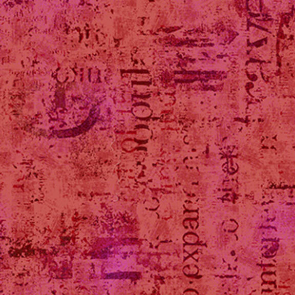 Mottled red and pink-red fabric with textured typographical arrangements.