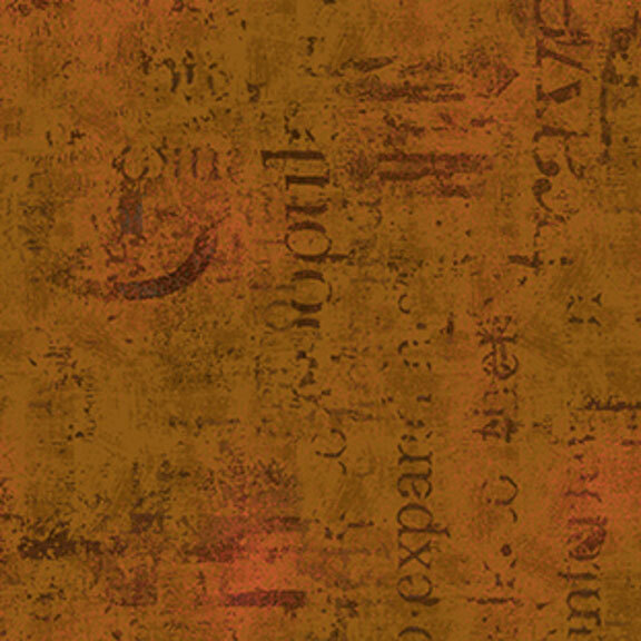 Mottled tonal auburn fabric with textured typographical arrangements.