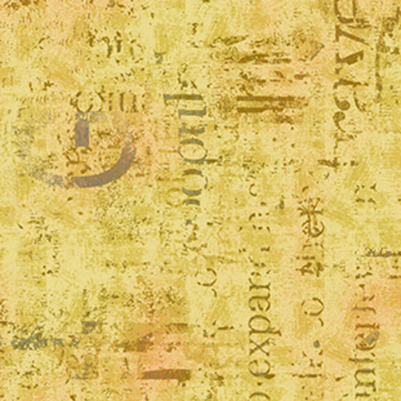 Mottled gold and yellow fabric with textured typographical arrangements.