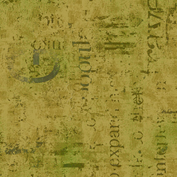 Mottled sage and lemongrass green fabric with textured typographical arrangements.