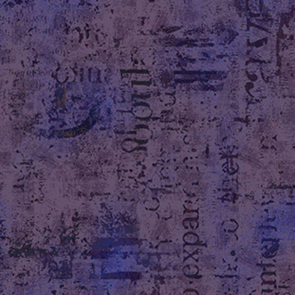 Mottled wisteria and dusty mauve fabric with textured typographical arrangements.
