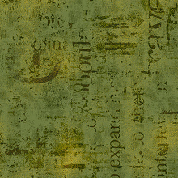 Mottled tonal sage fabric with textured typographical arrangements.