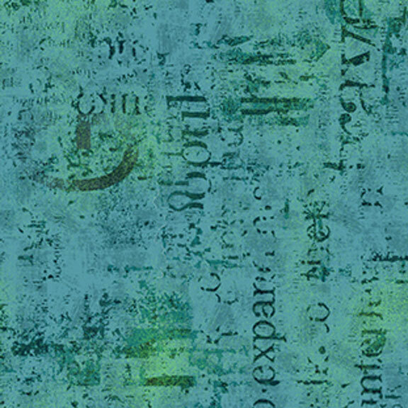 Mottled light teal and teal green fabric with textured typographical arrangements.