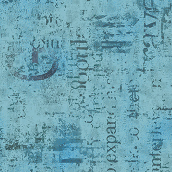 Mottled light cerulean blue and aqua fabric with textured typographical arrangements.